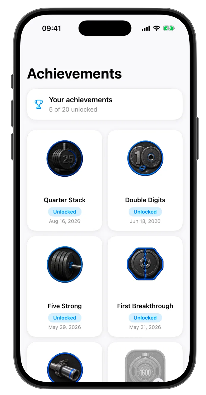 Weights achievements screen with earned lifting milestones