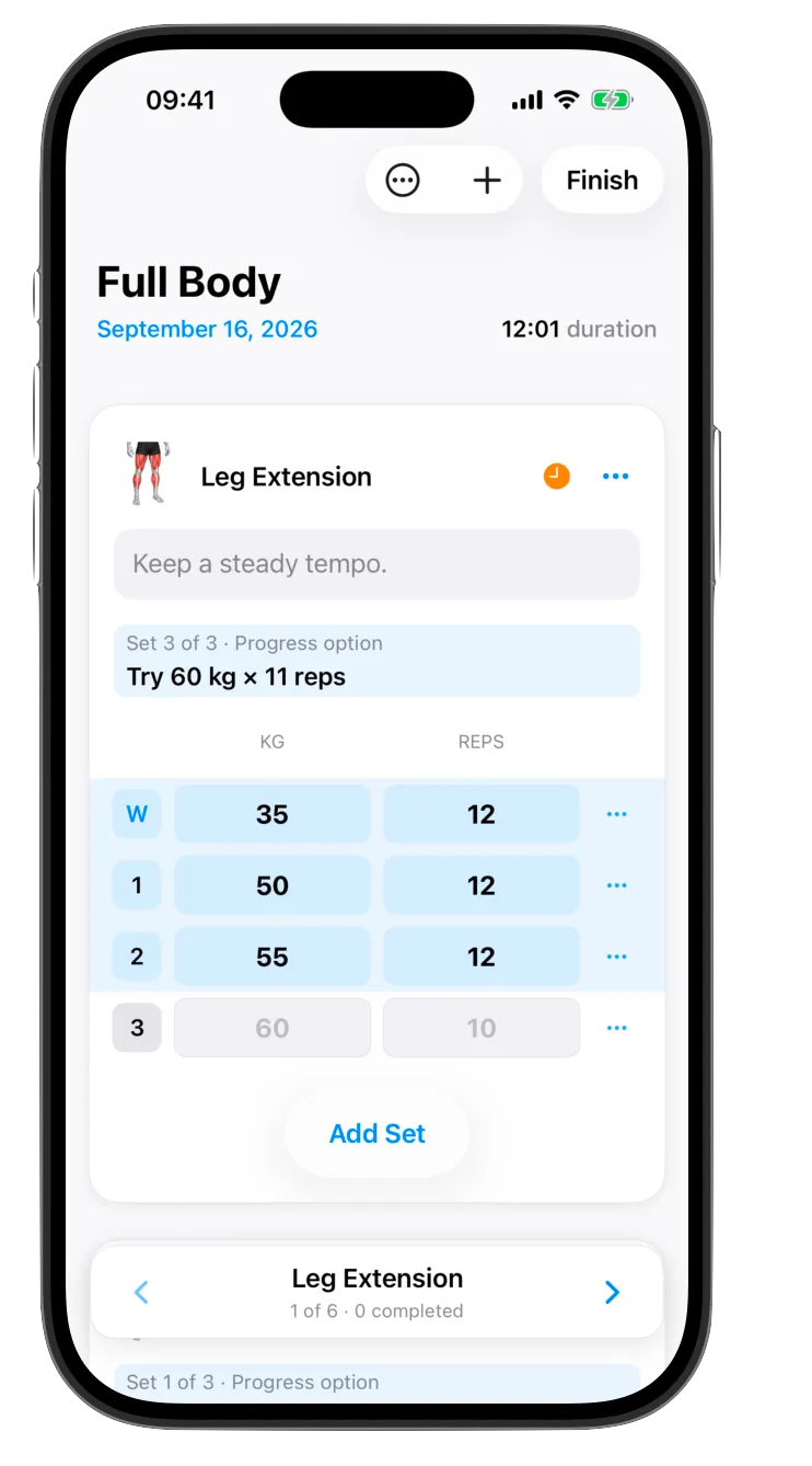 Workout logging with exercise notes, warm-up sets, weights and repetitions